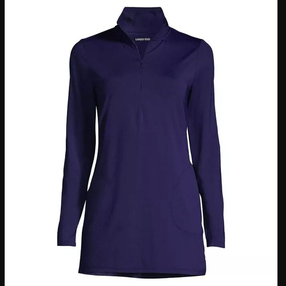 Lands End Quarter Zip Long Sleeve Tunic Rash Guard Cover-up UPF 50 in Navy Small